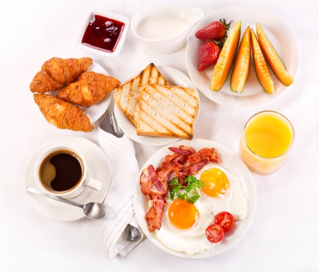 ♥Breakfast♥ - eggs, becon, coffee, juice, breakfast, croissant, fruits