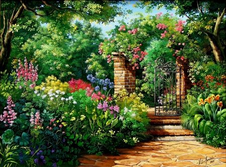 Paradise garden - greenery, pretty, roses, trees, beautiful, flowers, painting, garden, arch, paradise, art, park