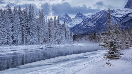 magnificent winter landscape hdr - forest, mountains, winter, clouds, river, hdr