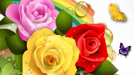 Summer Bright Roses - dew drops, rainbow, roses, colorful, summer, spring, bright, flowers, butterflies