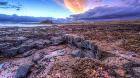 castle on a beautiful rocky coast hdr - rocks, clouds, coast, castle, sea, hdr