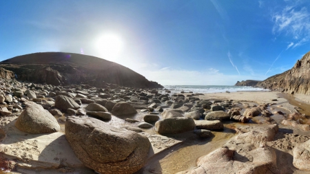 Beach in UK - summer, blue, amazing, beach, splendor, sand, hd, UK, sky, sun, clouds, wow, water, beautiful, sunshine, lovely, cool, ocean, superb, lanscape, waves, google street view, rocks, high quality