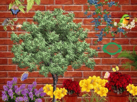 My Garden - Garden, Trees, Brick, Wall