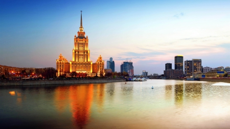 moscow stae university at dusk - tower, dusk, lights, university, river, city