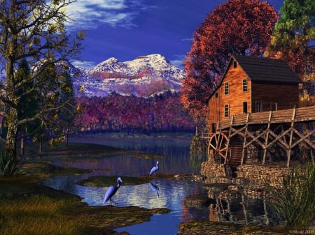 Old Watermill - reflections, river, trees, landscape, mountains