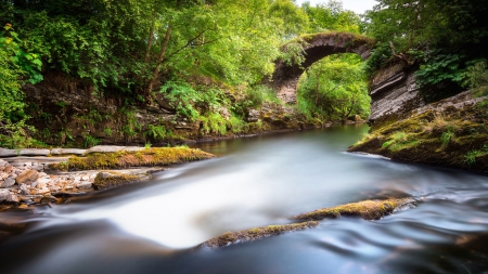 ancient arch bridge over beautiful river - arch, ancient, forest, river, bridge, rocks