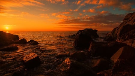 magnificent ocean sunset hdr - shore, sunset, hdr, sea, orange, rocks