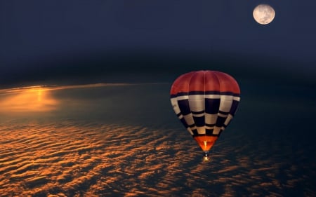 Ballooning at Night - Moon, Hot Air, Balloon, Clouds