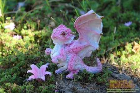 Cherry Blossom Dragon - flowers, trees, fantasy, dragon, wing, art, pink, lily