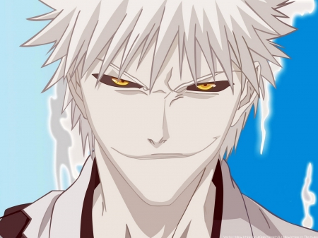 hollow ichigo -the white shadow- - fighter, clouds, yellow eyes, anime, dark eyes, cool, white hair, zangetsu, short hair, hollow ichigo, laughing, smile, having fun, bleach, sky