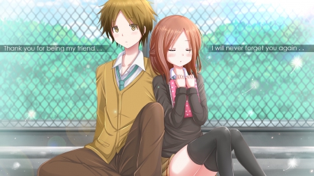 kaori chan & hase kun -isshukan friends- - sitting, couple, long hair, brown hair, cute girl, hase yuuki, kaori fujimiya, anime, friends, oneweek friends, isshukan friends, close friends, short hair, happy