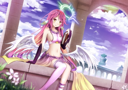 ~ kawaii flugel girl~ - book, pretty, cute, cute girl, flowers, no game no life, anime, wings, sky, long hair, pink hair, flugel, pretty girl, arc, cute eyes