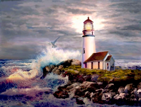 Painting - lighthouse, house, sea, painting, abstract