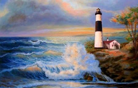 LightHouse - painting, lighthouse, sea, waves