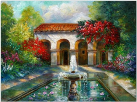 Painting - flowers, villa, painting, fountain