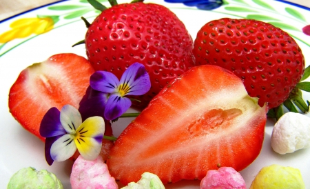 Spring on a plate - freshness, yummy, fruits, delicate, colorful, lovely, spring, pansies, strawberries, pretty, beautiful, violets, flowers, candies, plate