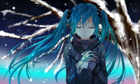 Winter - beauty, nice, female, twintail, anime girl, miku hatsune, pretty, anime, miku, hatsune miku, girl, twintails, winter, long hair, lovely, vocaloids, hatsune, twin tails, vocaloid, snow, beautiful, sweet