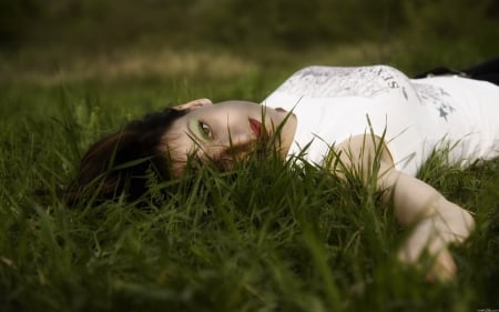 girl lying in grass - rest, green, grass, lying