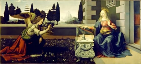 Leonardo Da Vinci_The Annunciation 1472â€“1475 Uffizi Florence_Italy - painting, ancient, art, italy, italia, canvas