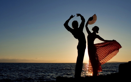 Ole! - woman, silhouette, fan, couple, dance, water, summer, sunset, black, ole, man, orange, sea