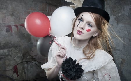 â™¥ - white, woman, balloons, girl, hat, pink, clown, black