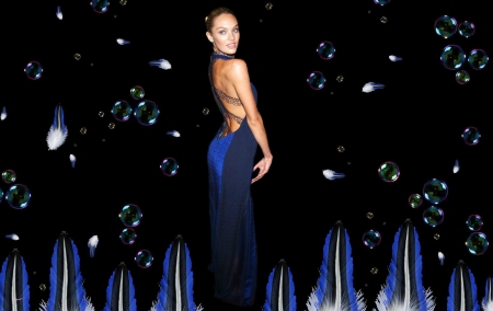 Candice Swanepoel - woman, beauty, girl, bubbles, black, model, blue, by cehenot, feather, candice swanepoel, dress