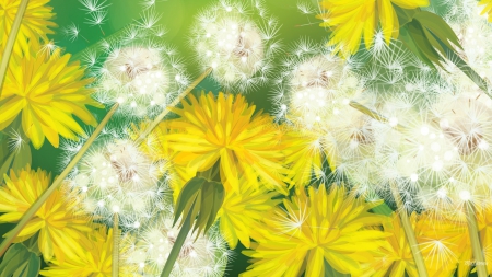 Flowers or Weeds - flowers, seeds, dandelions, yellow, weeds, gold, fluff