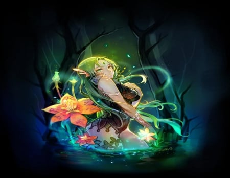 Poison Lily - girl, pretty, lily, dark, water, long hair, orginal, flower