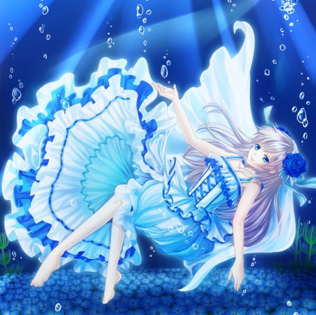 AquaMarine - gown, flower, beautiful, blossom, anime girl, girl, elegant, gorgeous, floral, wet, underwater, float, pretty, water, beauty, bubbles, sweet, anime, dress, blue, long hair, petals, nice, lovely, female