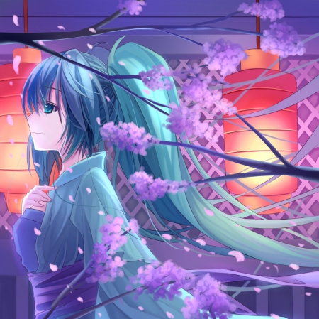 Blossom Stroll - nice, female, twintail, anime girl, miku hatsune, pretty, lantern, petals, anime, oriental, lamp, miku, kimono, twin tail, hatsune miku, girl, twintails, light, long hair, d, lovely, hatsune, vocaloids, hd, floral, twin tails, vocaloid, blossom, yukata, sweet, green hair, flower