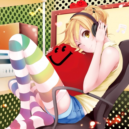 Red Ball - nice, hug, beauty, sitting, female, pant, blond, anime girl, blond hair, pretty, blonde hair, stocking, anime, wink, short hair, maiden, sit, yellow eyes, lady, girl, shirt, ball, lovely, hd, chair, headphones, beautiful, sweet, blonde