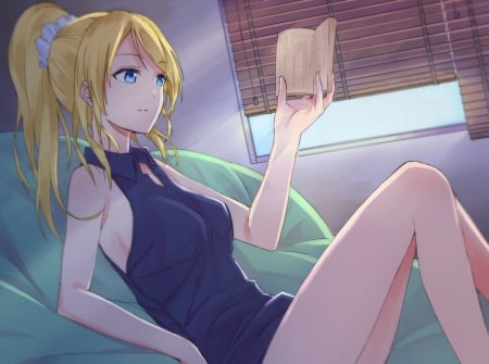 Reading - pretty, anime, female, book, scene, dress, blonde, blond hair, long hair, blond, hd, sit, nice, sitting, read, anime girl, beautiful, reading, girl, blonde hair, beauty, lovely, sweet