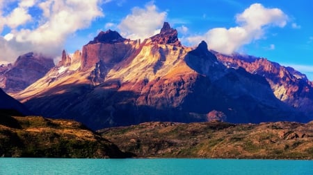 mountains and lake in torres del paine np chile - shadows, clouds, lake, mountains