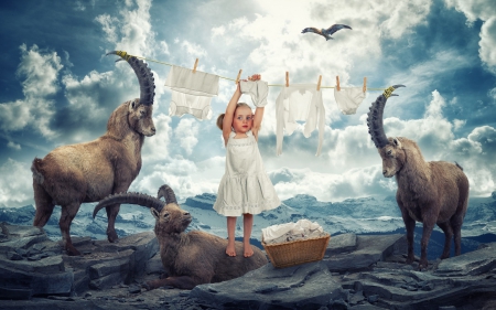 Laundry day - sky, laundry day, rope, basket, white, cloud, goats, cute, mountain, girl, child, funny, creative, horns, blue, animal, dress