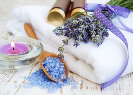 Lavender Flowers - lavender flowers, candles, towel, lavender, sea salt