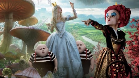 Alice in Wonderland (2010) - Tweedledum, girl, Alice in Wonderland, actress, Helena Bonham Carter, fantasy, red queen, woman, mushroom, Tweedledee, movie, Anne Hathaway, Matt Lucas, disney, white queen