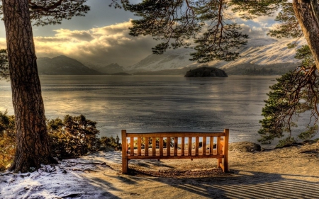 Silent Place - clouds, water, hdr, landscape, bench