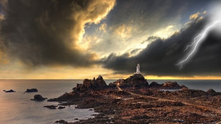 storm over lighthouse - lighthouse, jetty, shore, lightning, sea, rocks, storm