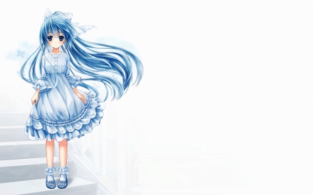 Anime - ribbon, girl, blue dress, anime