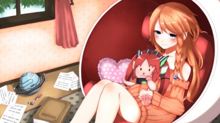 Anime - curtain, orange dress, sofa, girl, doll