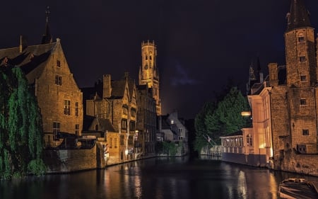 Bruges - tower, bruges, night, belgium, brugge, reflection