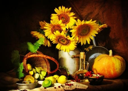 Still Life - blossoms, sunflowers, fruits, basket, artwork, bottle, pumpkin