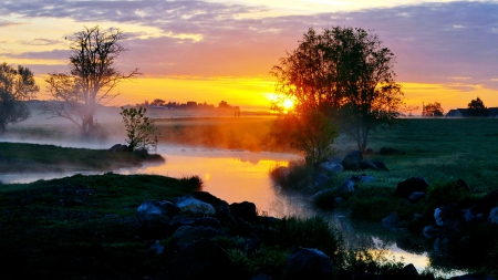 rural creek at sunset - fields, trees, sunset, farms, creek