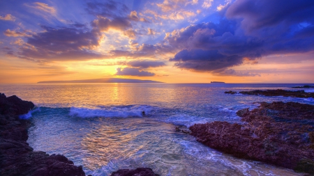 lava rock beach in maui hawaii at sunset hdr - clouds, shore, hdr, sunset, sea, rocks, waves