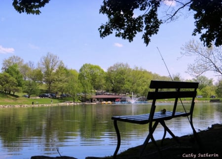 Bench by the Lake - lake, seat, peaceful, water, bench, spring, calm, nature, relaxation, calm peaceful, blue, rest