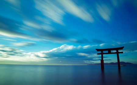 Torii Gate - torii, sky, ocean, japan, gate, scenery, japanese