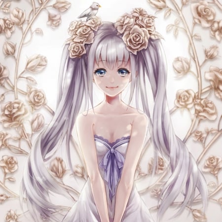 Scent of Antique Rose - pretty, roses, anime, twin tail, elegant, divine, female, twintail, blossom, maiden, dress, long hair, gorgeous, nice, twin tails, gown, anime girl, twintails, beautiful, girl, sundress, beauty, lovely, sweet, flower, angelice, lady, rose, floral