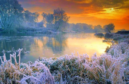 Sunset Over Avon River In Winter - england, sky, frosty, trees, winter, sunset, reflections, river, beautiful, clouds, grove