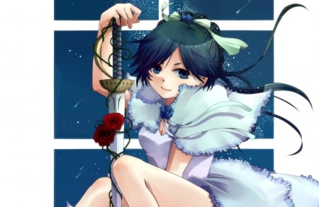 Diva - pretty, female, blossom, maiden, blood plus, weapon, nice, ower, beuaty, blue eyes, bloodplus, gown, red rose, sword, blade, white, lady, floral, anime, elegant, divine, blue, dress, long hair, gorgeous, plain, anime girl, beautiful, girl, simple, lovely, sweet, angelice, diva, rose