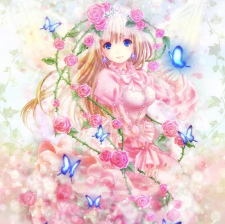 Pink Rose - nice, beauty, ose, female, blond, pink rose, anime girl, elegant, blond hair, gorgeous, pretty, blonde hair, anime, maiden, lady, girl, long hair, gown, lovely, divine, hd, butterfly, floral, pink, beautiful, blossom, sweet, dress, blonde, flower, angelice